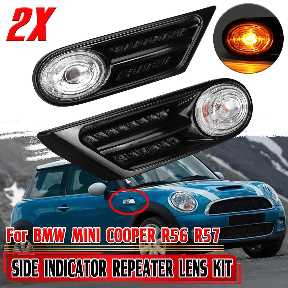 2pcs LED Car Turn Signal Blinker Lamp Side Marker Light Assembly For BMW MINI COOPER R56 R57 Side Indicator Repeater Lens Kit