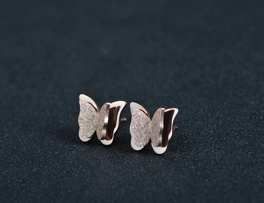 Lokaer New Design Rose Gold Color Butterfly Stud Earrings For Women Stainless Steel Cute Girl\'s Earrings Jewelry E17030