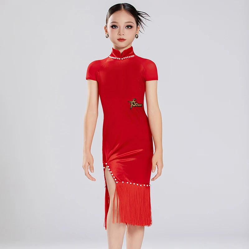Crianças estilo chinês dança latina franjas vestido meninas vermelho vestidos de competição de dança latina crianças dança de salão wear sl13968