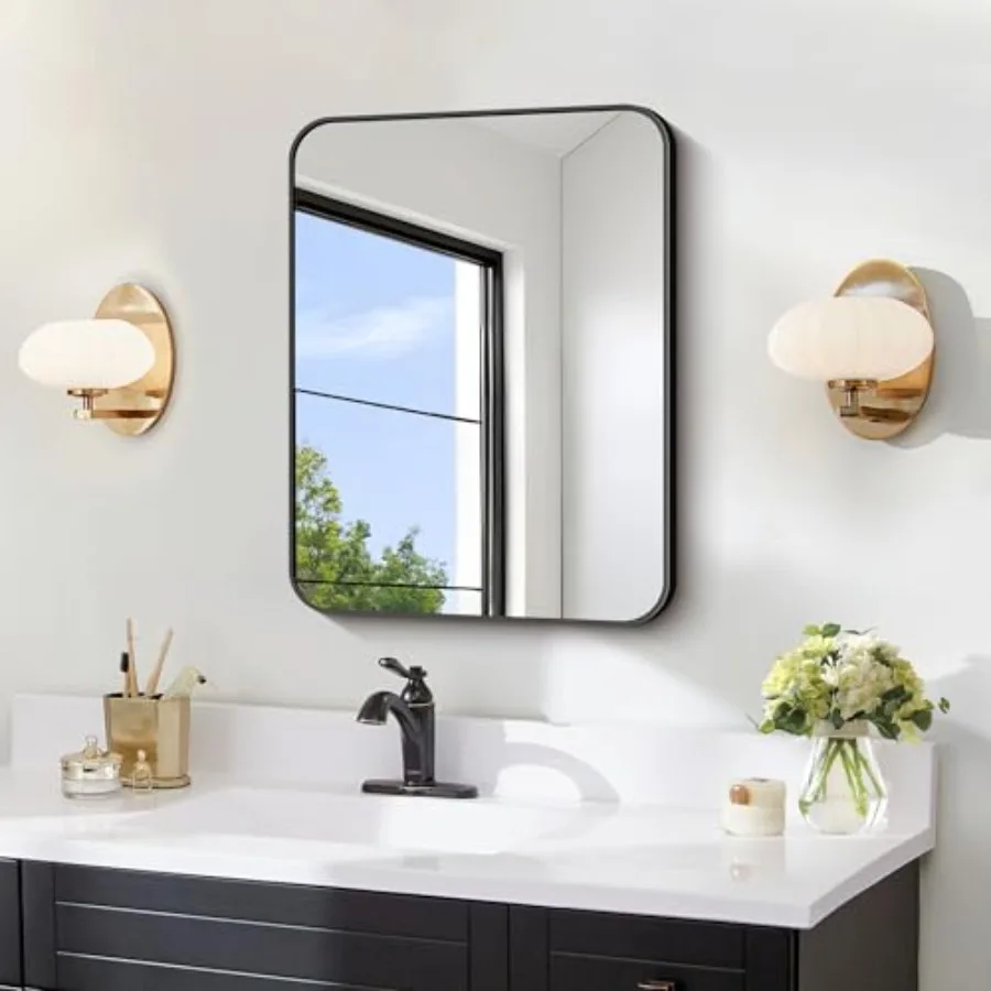 

Bathroom Mirror for Over Sink 18x24 Inch Rectanglar Wall Mirror with Metal Frame Rounded Corners for Bathroom Bedroom Entryway