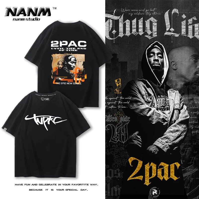 2pac hip hop rapper 100% cotton summer men's short-sleeved T-shirt outdoor casual hip hop top street fashion men's wear