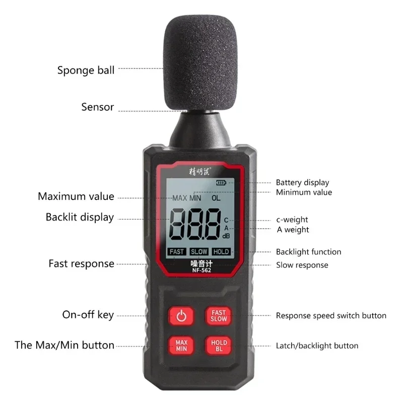 【100% NEW】ZHOUCE NF-562 Handheld Noise Meter Decibel Detector High-Precision Household Noise Tester for Home Safety