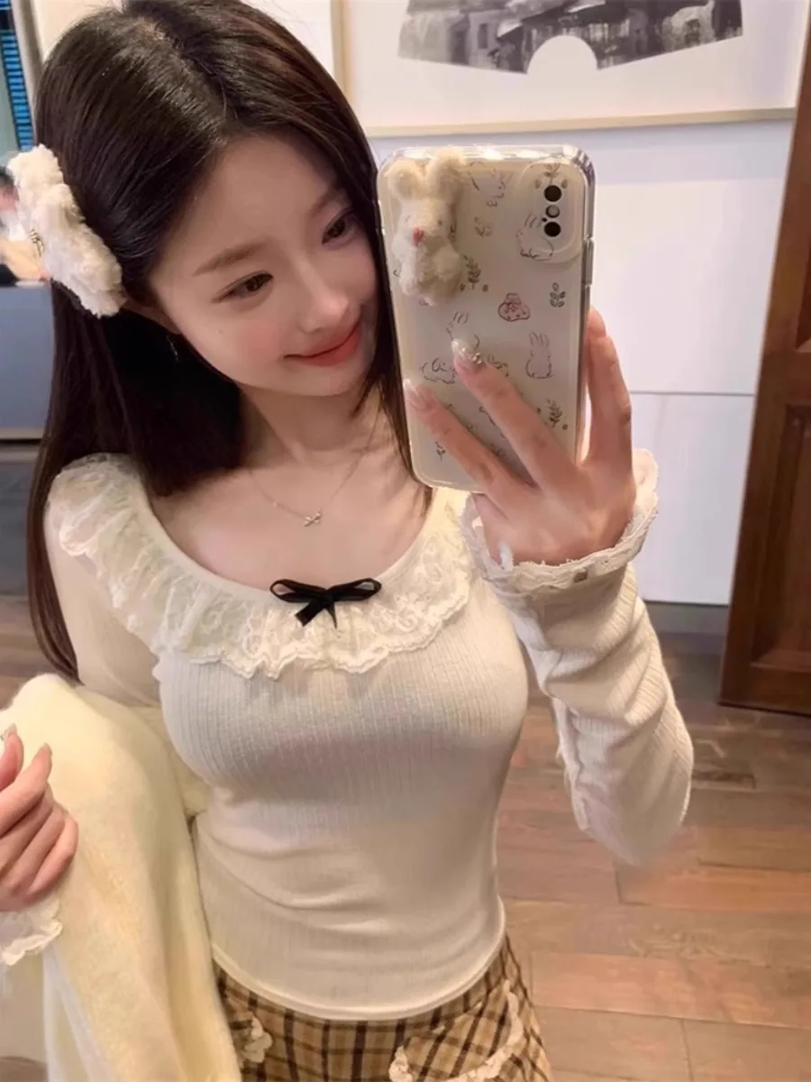 Spring 2025 Women's Long Sleeve T-Shirt Lace under Shirt  Knot Splice Unique Beautiful Top Youth Style round Neck ...