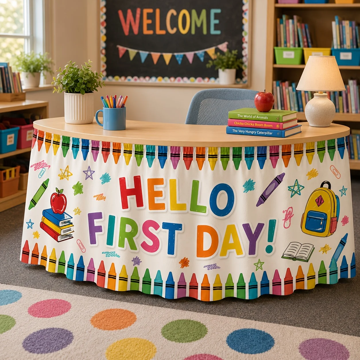 Party table skirt, 1-piece set. This is the theme table skirt design for the first day of school, including crayons.zyc