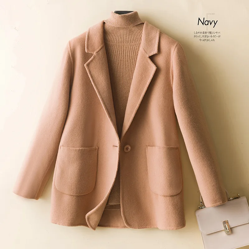 

Promotion 2023 Autumn and Winter New Double sided Cashmere Coat Women's Short Suit Collar One Button Slim Fit Small Suit Woolen