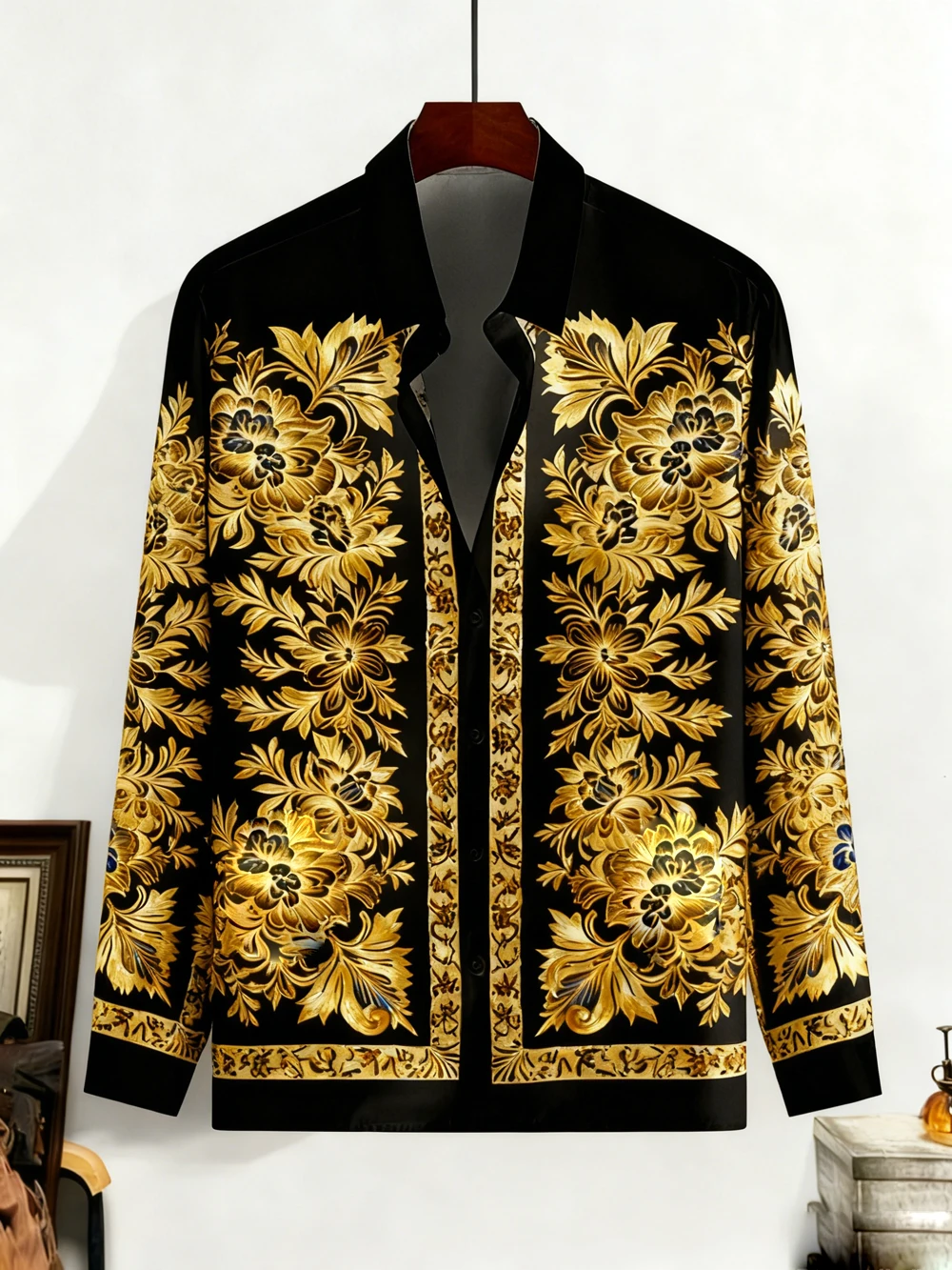 Men Luxury Black Gold Baroque Peony Floral Print Long Sleeve Shirt Turn Down Collar Formal Wedding Party Daily Tops