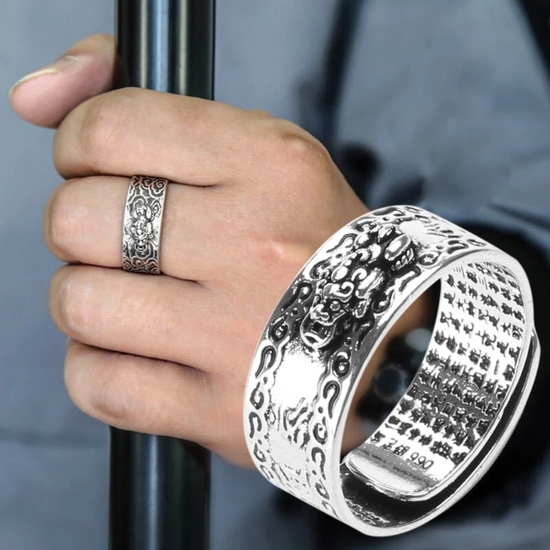 Open Adjustable Men's Ring Original Feng Shui Pixiu Mani Mantra Protection Wealth Charm Amulet Lucky Buddhist Rings for Men