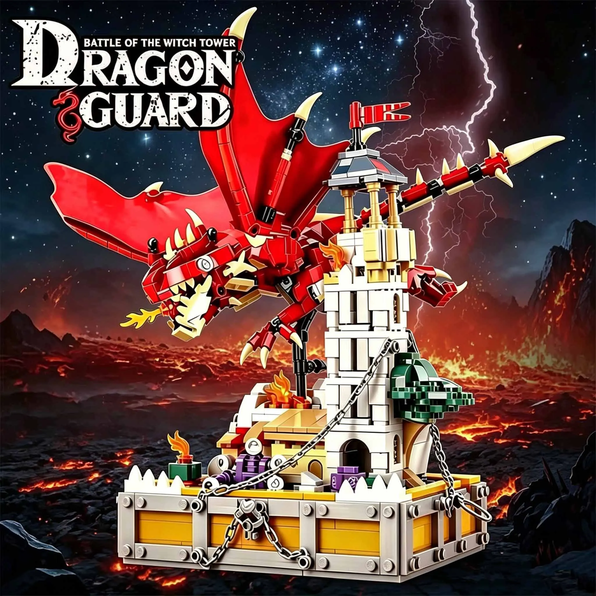 Image of Filmspiele Drachenwächter Kampf am Hexenturm Baustein-Set, Mittelalterliche Fantasy Roter Drache & Magischer Schloss-Turm MOC Bausteine-Kit, DIY Montage Diorama Ausstellungsmodell Spielzeug