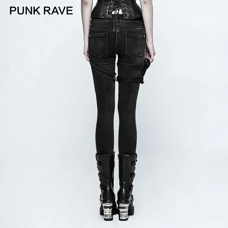 PUNK RAVE New Big Trousers Pocket Rivet Button Belt Punk Rock Jeans Lady Skinny with High Waist Black Denim Pants for Women