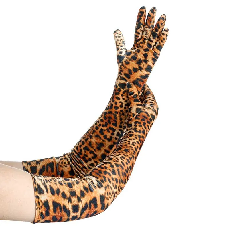 Fashion Leopard Print Gold Velvet Long Gloves Halloween Makeup Party Opera Stage Perform Dinner Dress Full Finger Women's Mitten