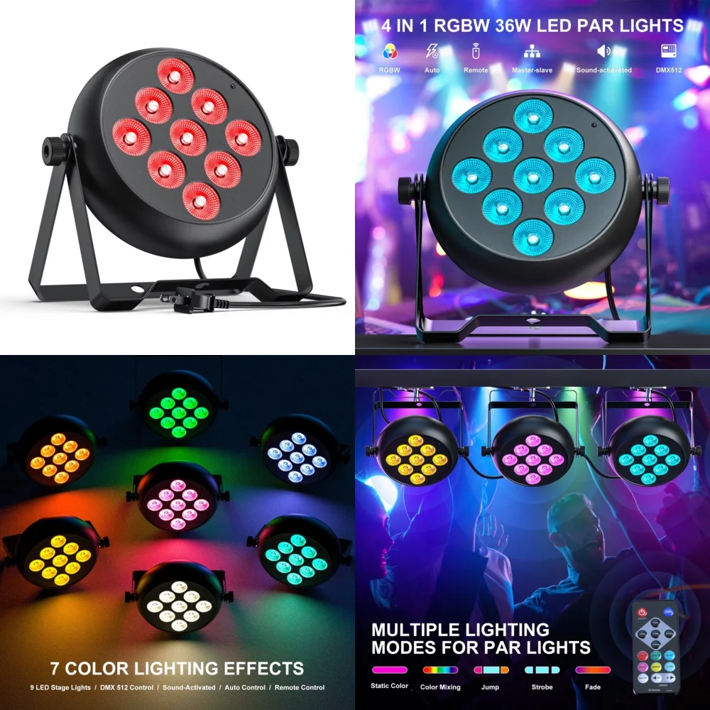 36W RGBW LED Par Light for Disco Party DJ Home Event Stage Lighting DMX512 Remote Control Stage Light for Wedding Concert Bar
