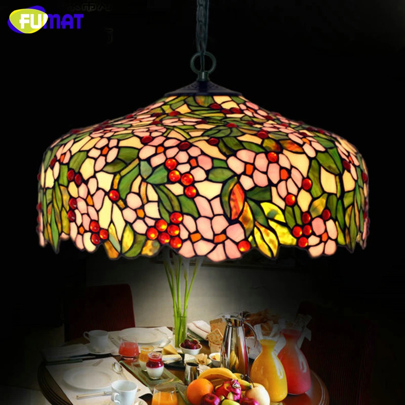 FUMAT Stained Glass Pendant Lamp Creative Art Apple Flower Rain Glass Beads Lights Living Room Restaurant Pendant Light Fixtures