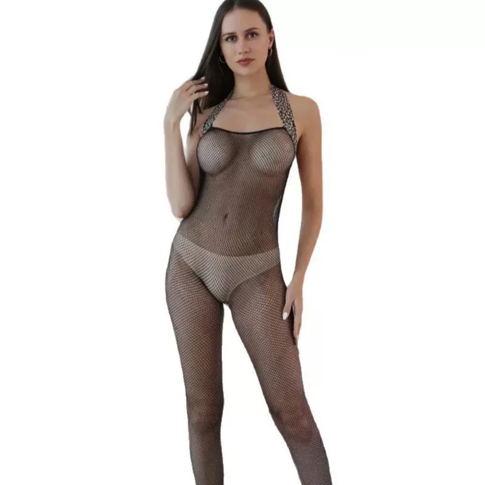 Sexy Fishnet Bodysuit Women Lingerie Open Crotch Lace-Up Teddy Sheer Mesh Erotic Nightwear