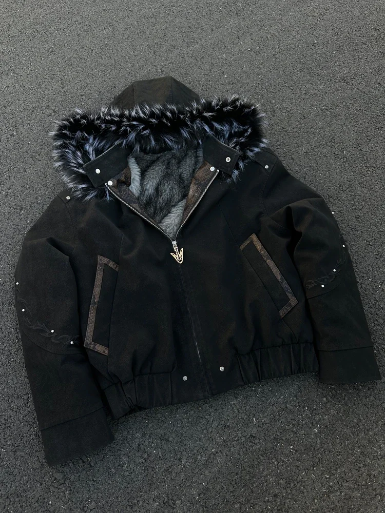 

Premium Heavyweight Embroidered Waed Leather Hooded Thiened Winter Cotton Jaet Men's Mountain Eagle Cotton Coat