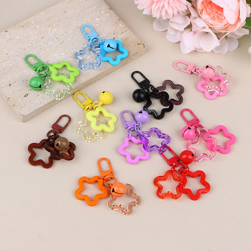 1Pc Colorful Resin Double Hollow Star Keychain With Bell Pendant Bag Charm For Women Girls Earphone Case Car Key Decoration