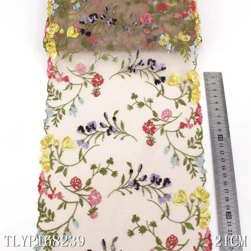 1Yard 21cm Width Embroidered Net Colorful Flower Mesh Tulle Lace Fabric DIY Handmade Skirt Women Clothing Accessories