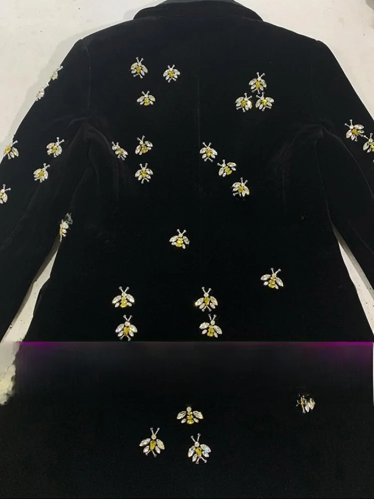 Costume orné de diamants en velours doré Jaet, manteau en laine de longueur moyenne pour femmes, coupe sur mesure brodée