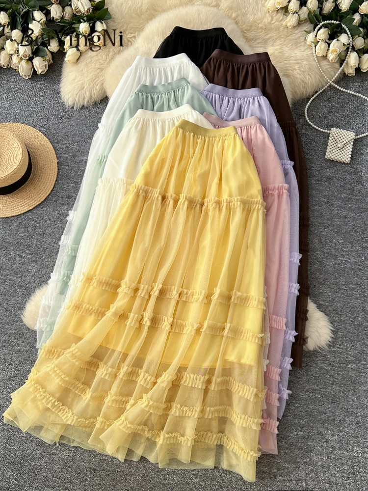 

Новая коллекция 2026: Элегантная женская юбка-трапеция из сетки во французском стиле, длинная, однотонная, с эффектом «торта» (фалда)