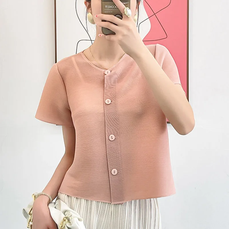 

Summer Women Shirt Solid Color Female Single-Breasted Tops Round Neck Elegant Blouses Lady Short Sleeve Shirts With Button