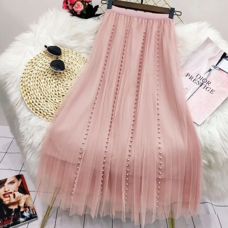 Mesh Spring Summer A-line Skirts High Waist  Maxi Skirt Women Black Pink Trend Clothes Vintage Beading Skirt