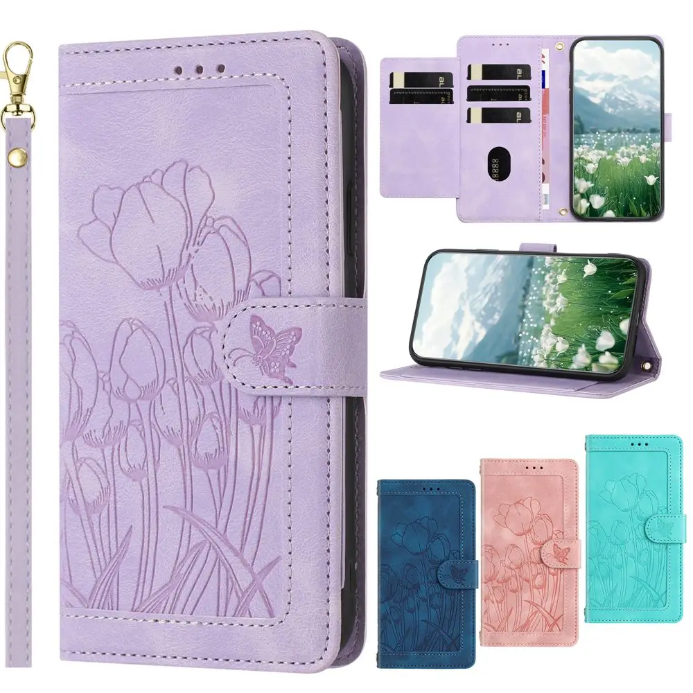 Flower Phone Case for Funda Samsung Galaxy S25 Ultra S24 FE S23 S22 S21 S20 S10 S9 S8 Plus Case Strap Leather Wallet Flip Cover