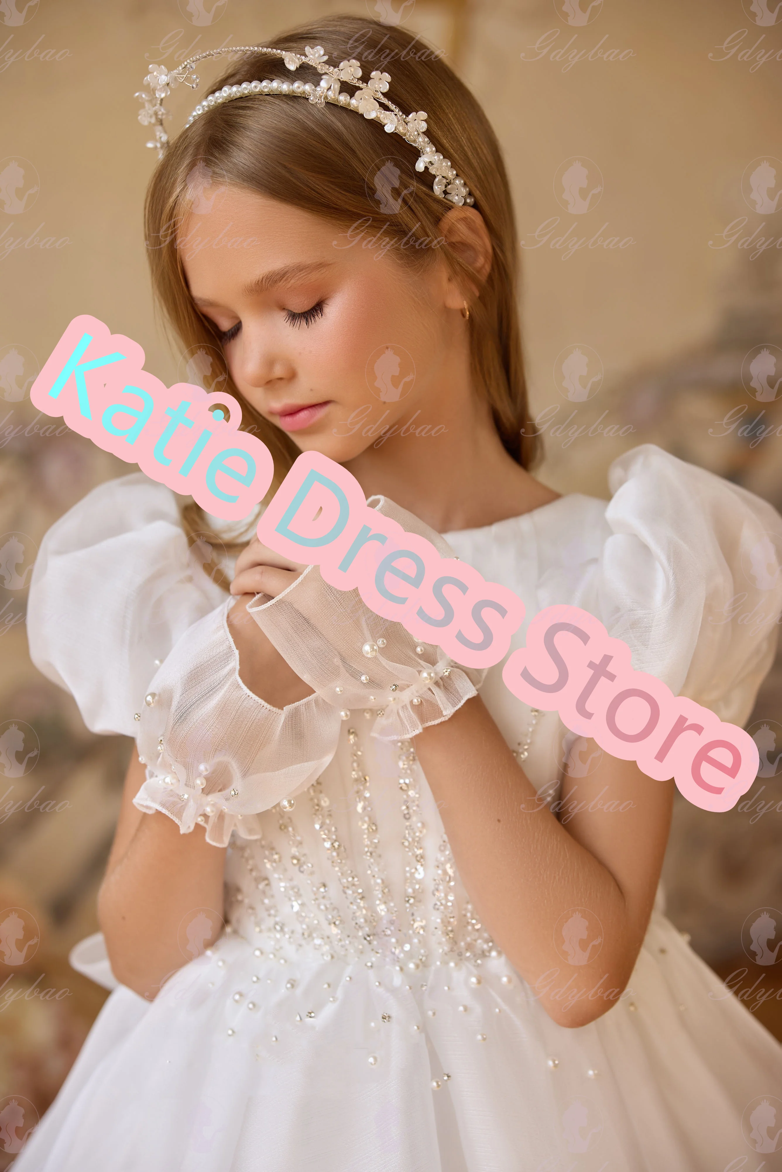 결혼식을위한 우아한 꽃의 소녀 드레스 Applique 구슬 Tulle Puffy Kids 생일 파티 첫 성찬식 공 가운 맞춤형