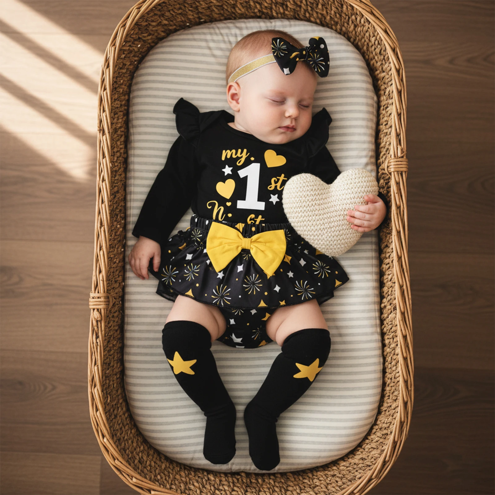 طفلة بلدي 1st السنة الجديدة الزي لطيف كم طويل خطابات مطبوعة رومبير مع كشكش Skort عقال جوارب مجموعات الطفل