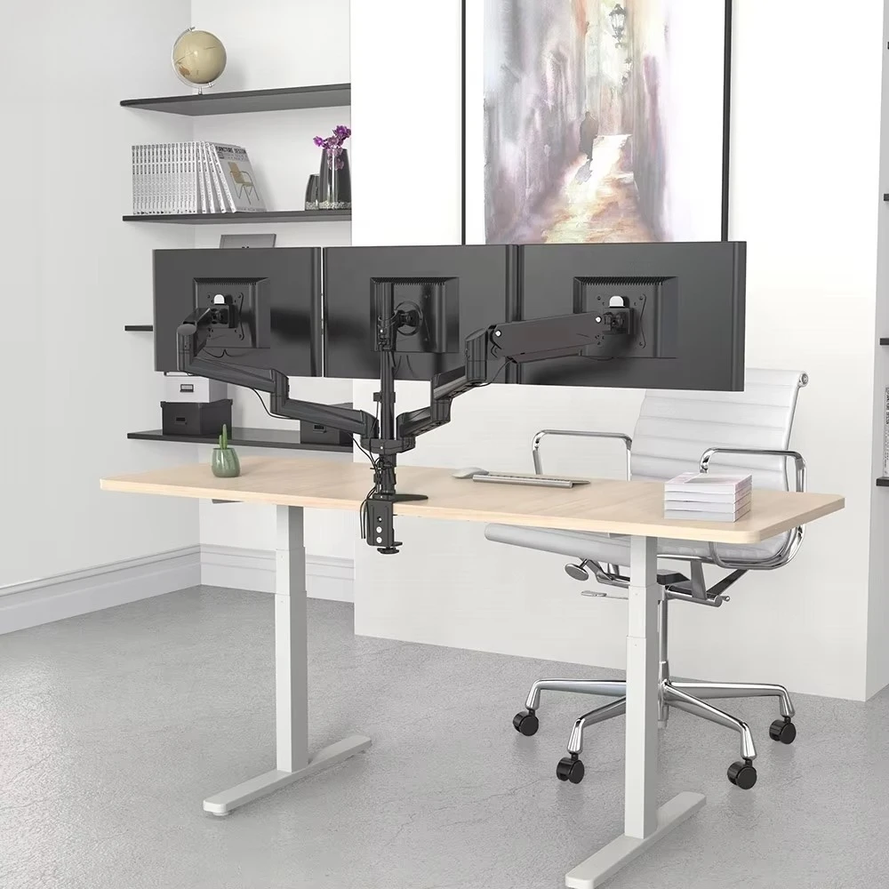 Installation of hot-selling aluminum triple monitor stand 15 to 27-inch freestanding LCD computer screen with cable management