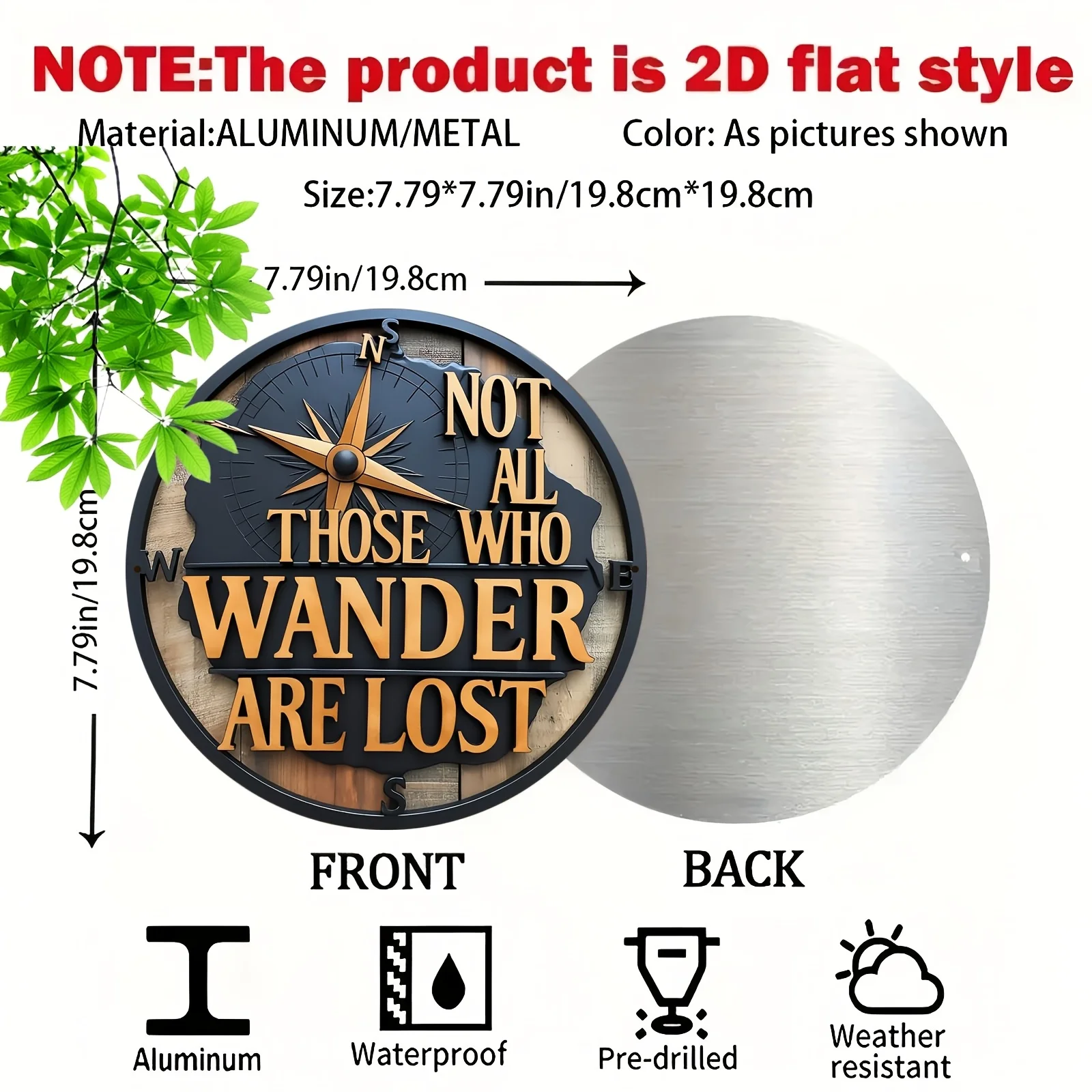2D Flat 1pc Aluminum Compass Wall Decor, 8-inch Round 'Not All Who Wander Are Lost' Sign, Suitable for Home, Dorm, Office