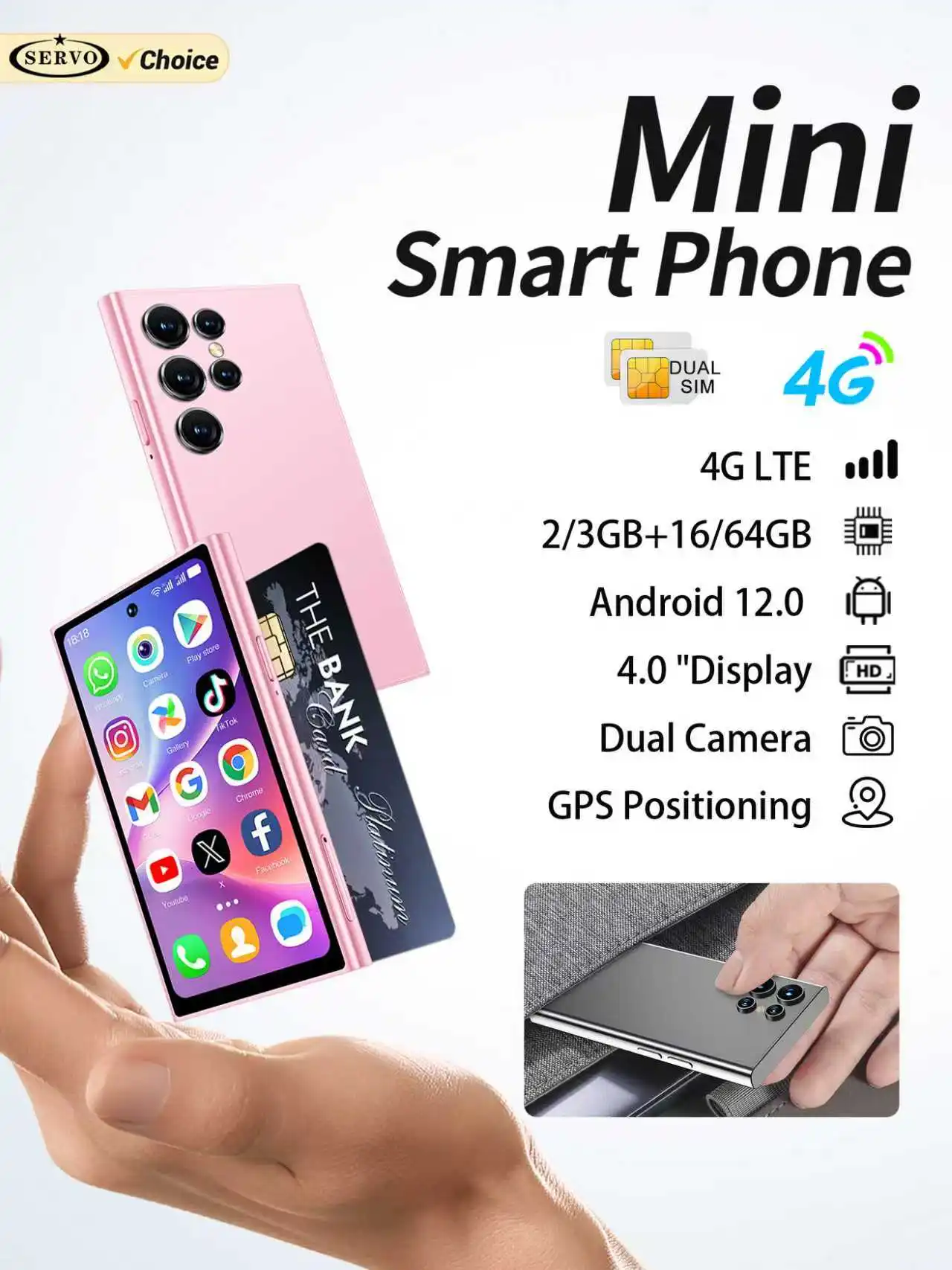 SERVO S27 MINI 4G LTE Smartphone mignon Android 12.0 OS 16GB/64GB ROM Play Store GPS 4.0 "écran petits téléphones intelligents 2 SIM veille