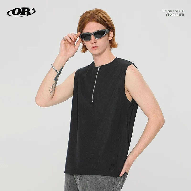 American Waffle 270g heavy sleeveless vest men's European T-shirt fashion brand half zip T-shirt vest