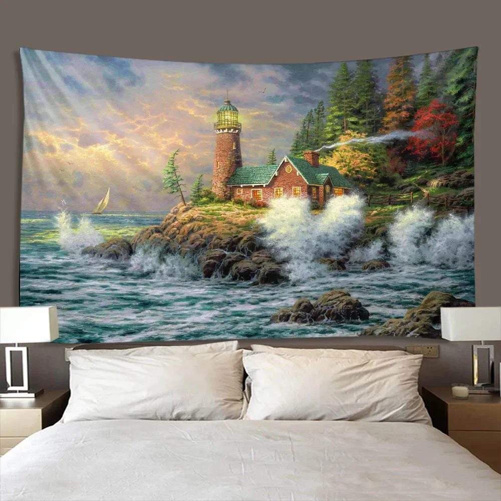 Retro World Oil Painting Tapestry Starry Sky Sea Countryside Landscape Fabric Mural Bed Sheet Yoga Mat Background Cloth