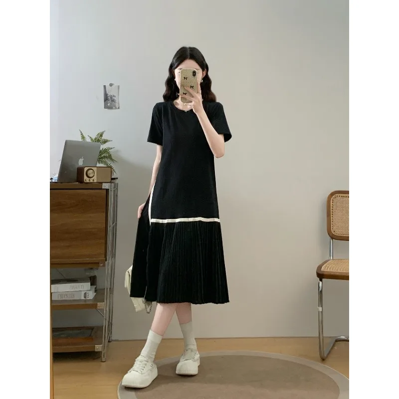 SuperAen Pleated Splicing Dress Medium and Long Oversize T-shirt Dress Women's Summer Long Dress