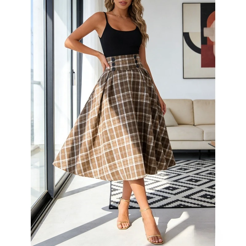 

Женская юбка в клетку, 1 шт., осенне-зимняя, с завышенной талией, А-силуэт, расклешенная, с эластичным поясом