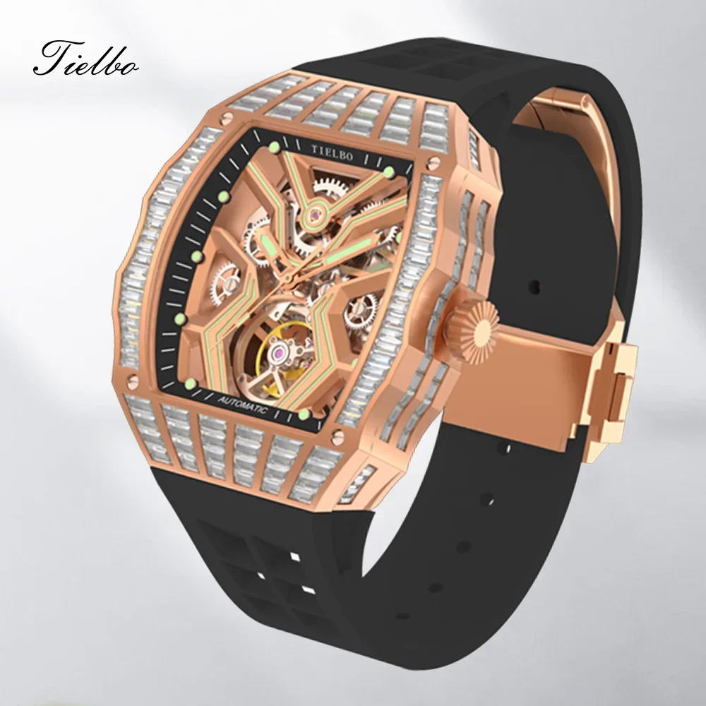 TIELBO Luxury Crystal Automatic Mechanical Watches for Men Skeleton Sapphire Man Wrist Watch Waterproof Diamonds watch Luminous