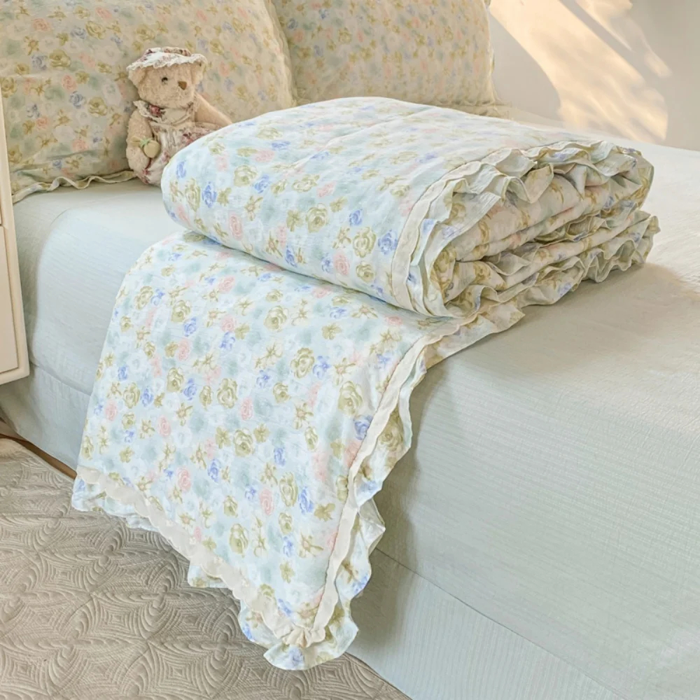 

A-Class Floral Print Summer Quilt Soft Cooling Skin-Friendly Blanket for Student Dormitory Air Conditioned Single/Double Bedding