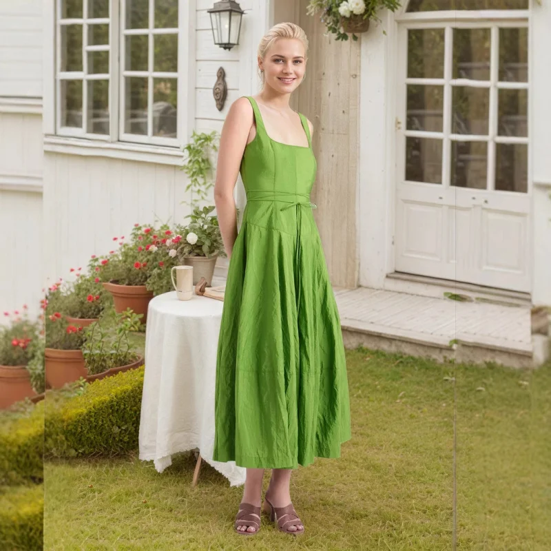 

New Summer French Hepburn Style High-End Exquisite Elegant Dress Socialite Advanced Sense Square Neck Green Slip Dress