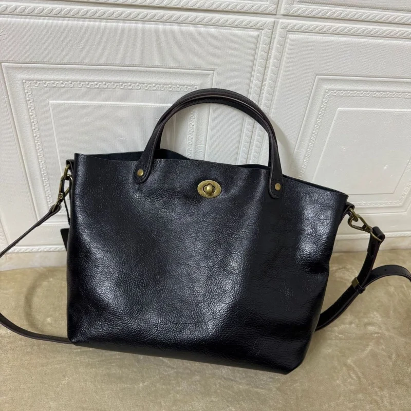 

Top-grain Cowhide Vegetable-tanned Tote, Vintage Genuine Leather Bucket Bag, Crossbody Commuter Versatile Shopper Handbag