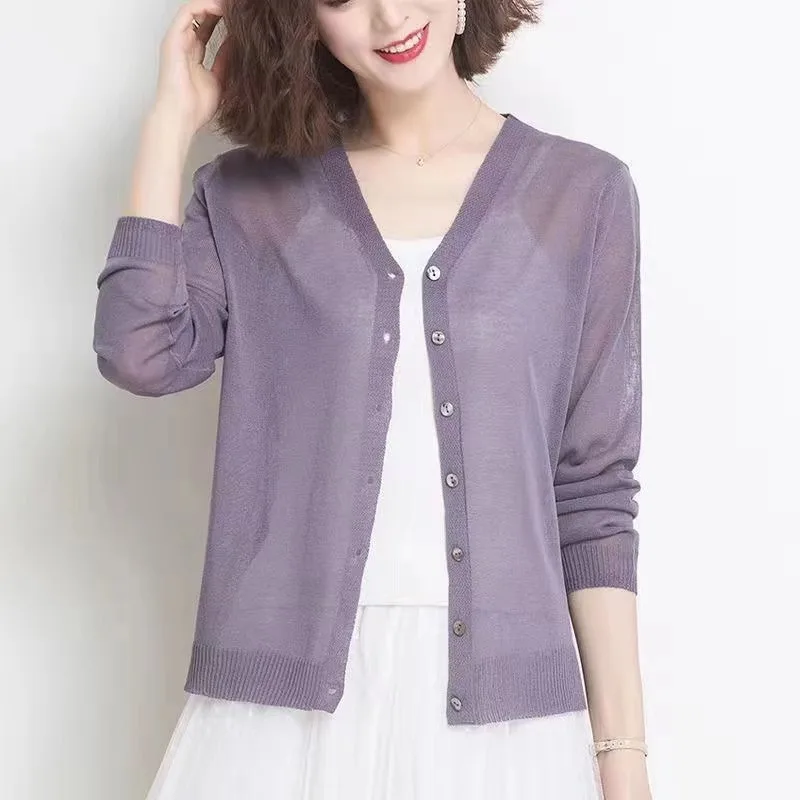 Cardigan Summer Long Sleeve Knitted Women New Ice Silk Knitwear Korean Thin Air-conditioning Sunscreen Shirt Tops