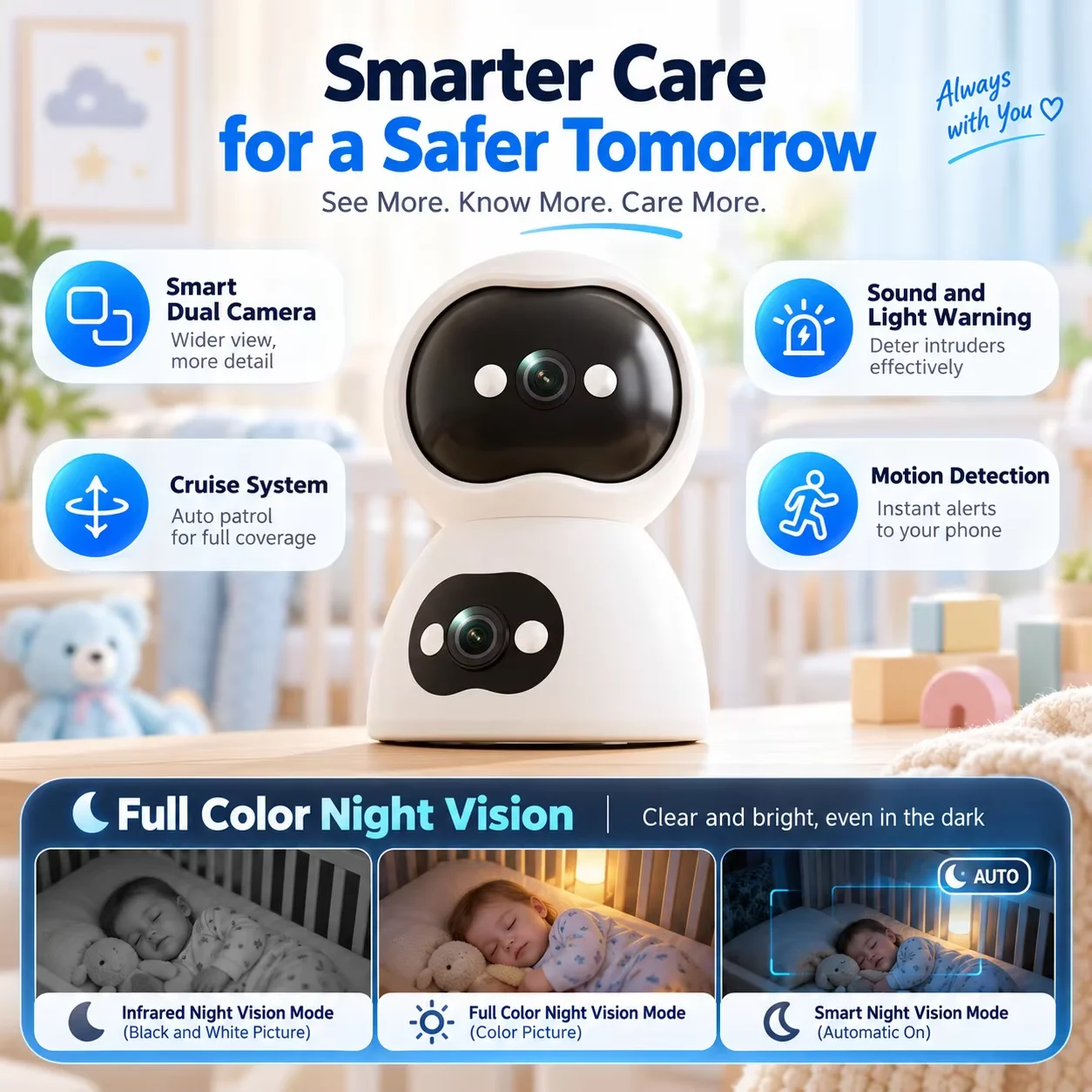 4MP Mini PTZ Home Security Camera CMOS Sensor Motion Detection Two-Way Audio Full Color Night Vision Cloud TF Card Storage