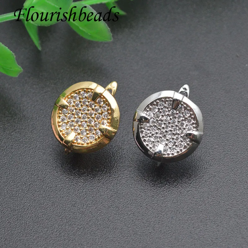 

High Quality Gold Plating CZ Beads Paved Round Coin Shape Metal Earring Hooks Ear Wire Clasps Jewelry Findings 30pc Per Lot