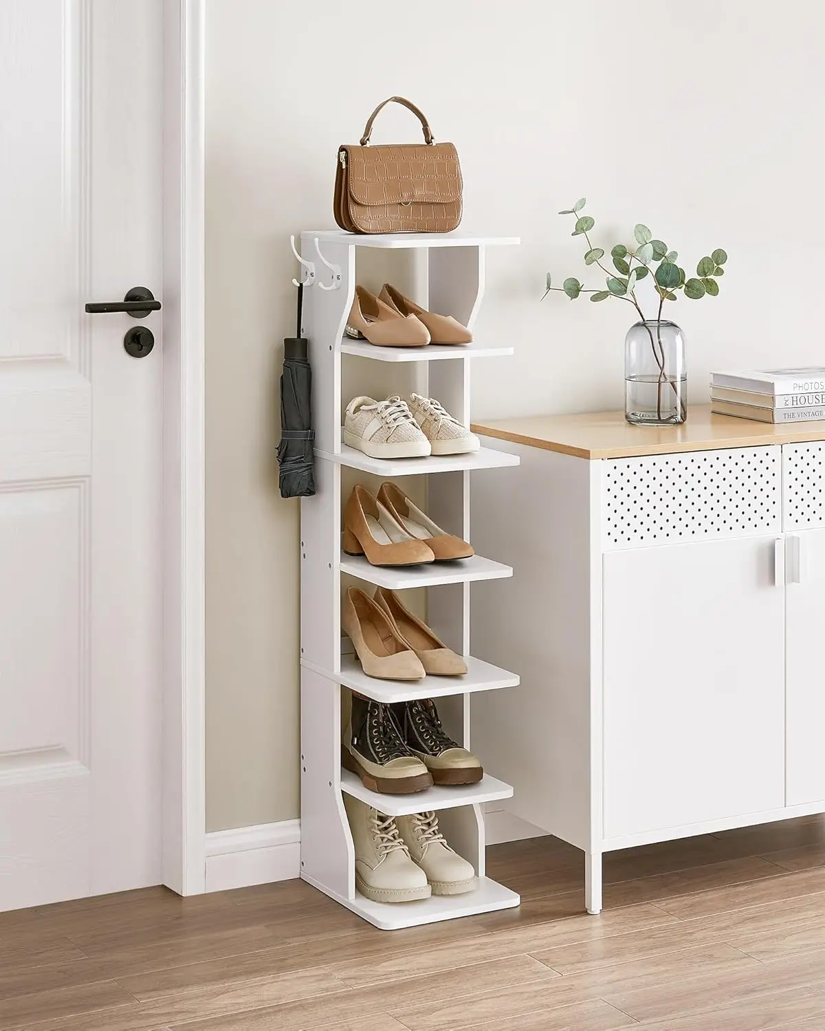 7 Tier Vertical Shoe Rack, Narrow Shoe Storage Organizer with Hooks, Slim Wooden Corner Shoe Tower Rack, Robust and Durable