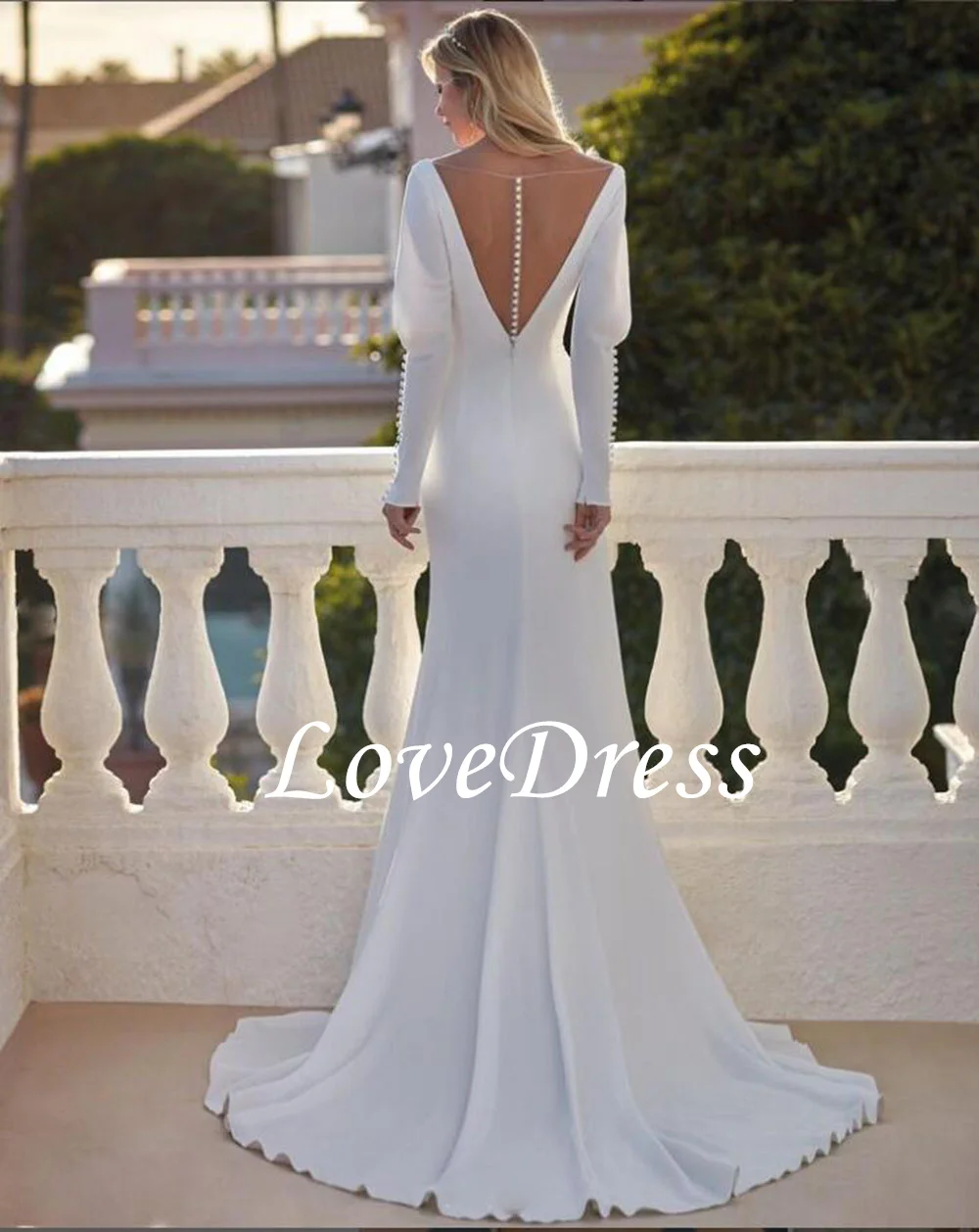 LoveDresss Elegant V คอยาวโคมไฟแขนชุดแต่งงานสําหรับผู้หญิง 2025 ภาพลวงตาปุ่มกลับชีฟองชุดนางเงือกที่กําหนดเอง