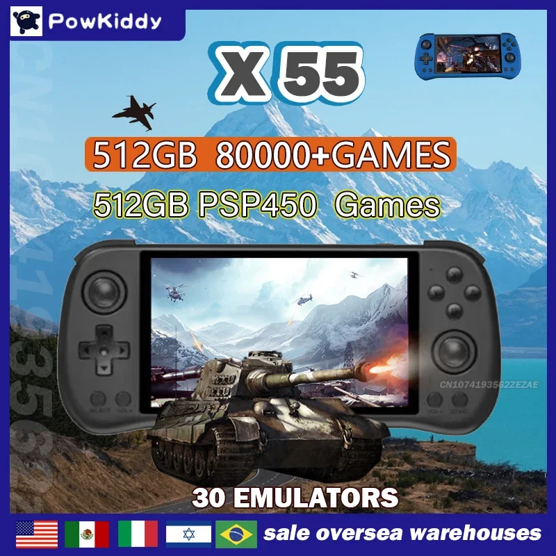 80000Games 512G POWKIDDY X55 5.5INCH IPS Screen RK3566 Handheld Game Console Linux Open-Source Retro Console HDMI Gifts