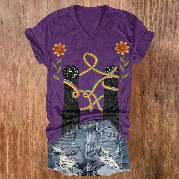 Rainbow And Paws Pattern Print Short Sleeved V-Neck T-Shirt Summer Women's T Shirts