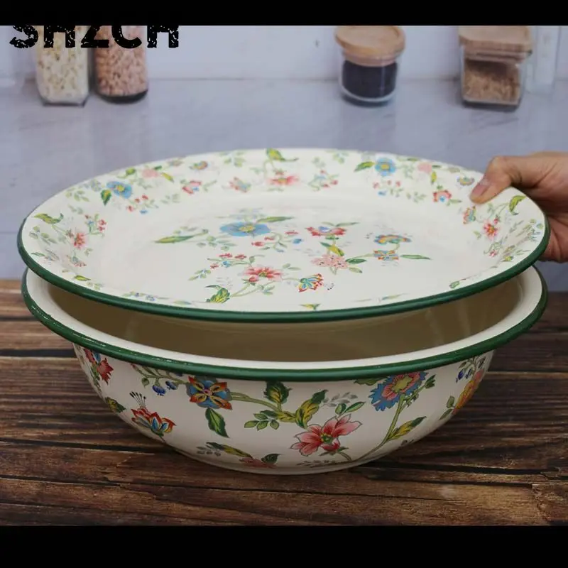 Extra-Thick Enamel Mixing Basin with Lid Vintage Style for Kitchen Washing Veggies Mixing Dumpling Fillings Bowls Plates Trays