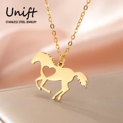 Unift Running Horse Pendant Necklace with Heart Stainless Steel Women Necklace Lovely Equestrian Jewelry Luck Animal Accessories