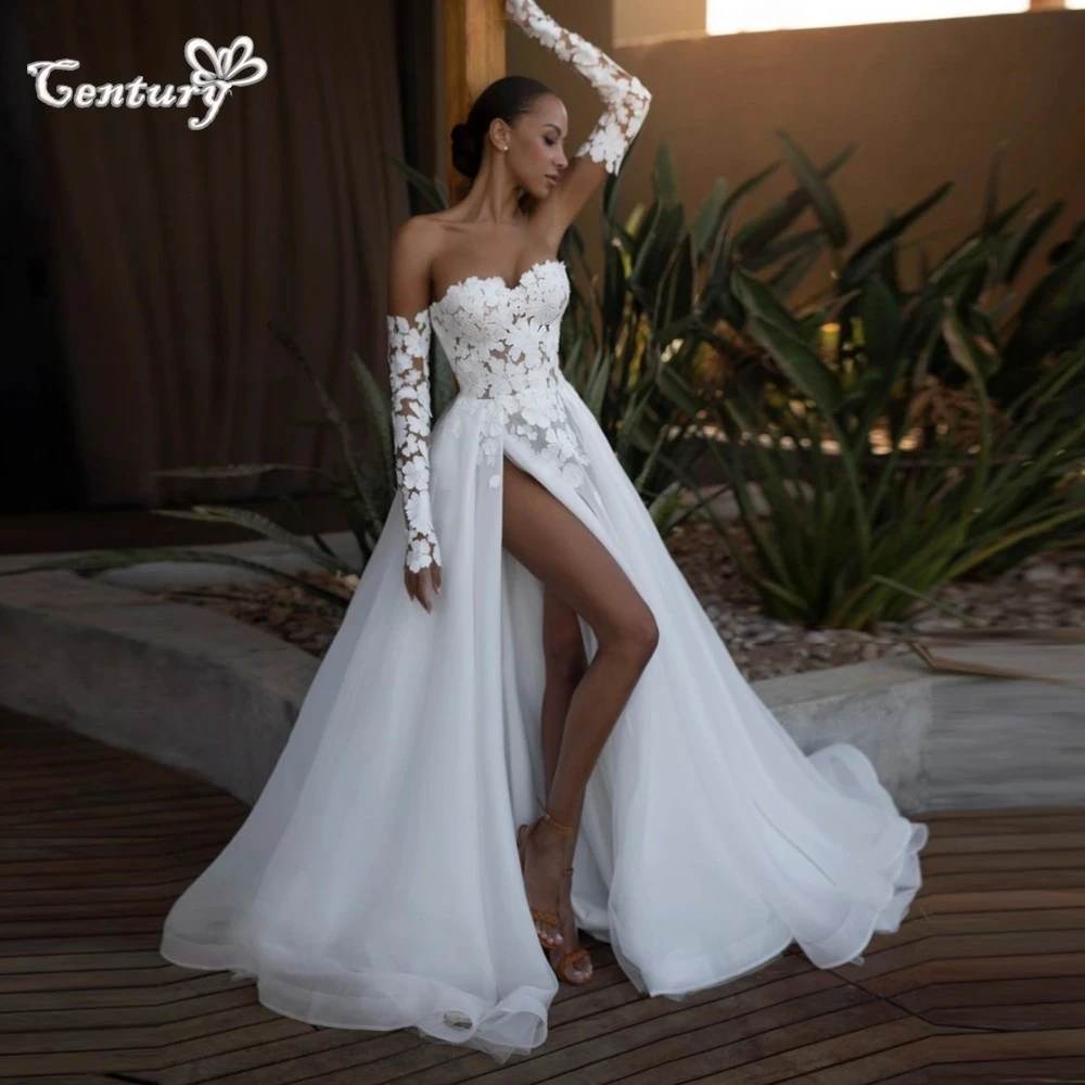 

Boho Wedding Dress Women Sweetheart Long Sleeve Side Slit Lace Appliques Sexy Beach Bridal Gowns Vestidos Novia Customized