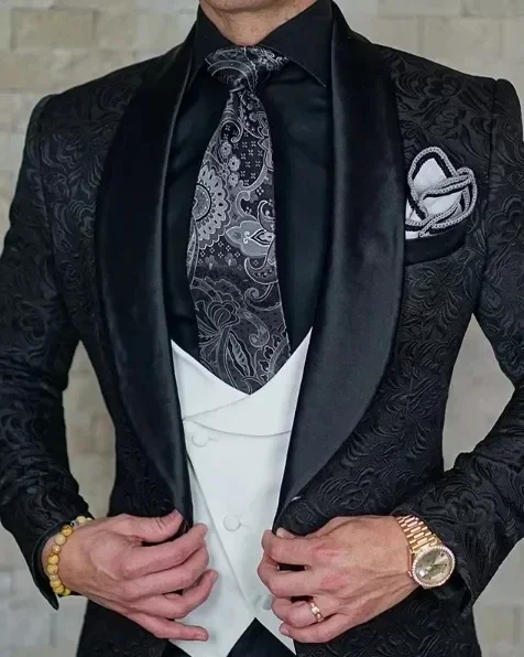 Dark Blue Jacquard Shawl Lapel Elegant Men Suit Formal Wedding Groom Tuxedo Prom Slim Fit Blazer High Quality Custom 3 Piece Set