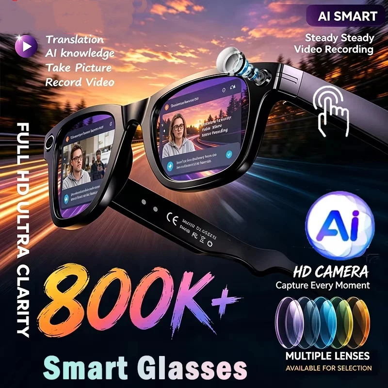 AI Smart Glasses 800W HD 8K Shooting Camera Photo Video Voice Call Translation Bluetooth AI Motorcycle Glasses
